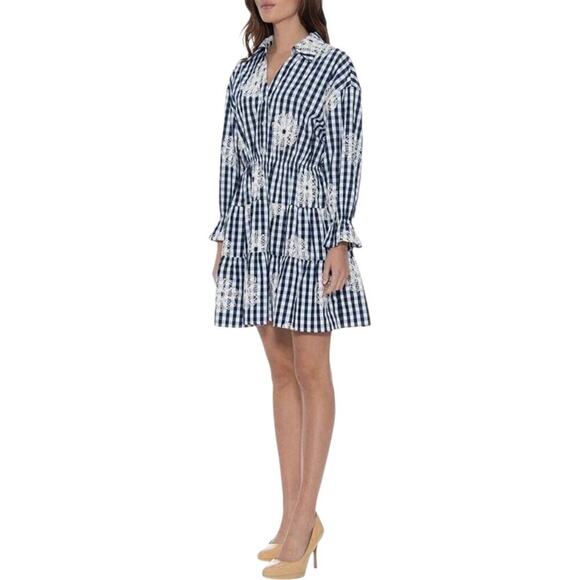 Gracia Floral Navy/White Check Embroidered Mini Dress, Country-Chic, Picnic - Picture 3 of 13